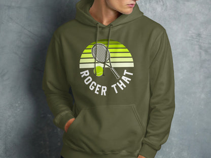 Green hoodie with "ROGER THAT" text and tennis racket graphic.