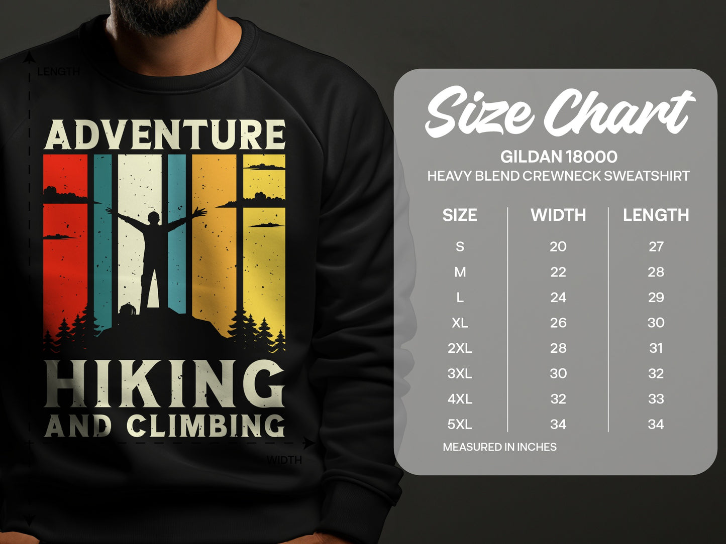 Crewneck sweatshirt with "Adventure Hiking and Climbing" graphic and size chart.