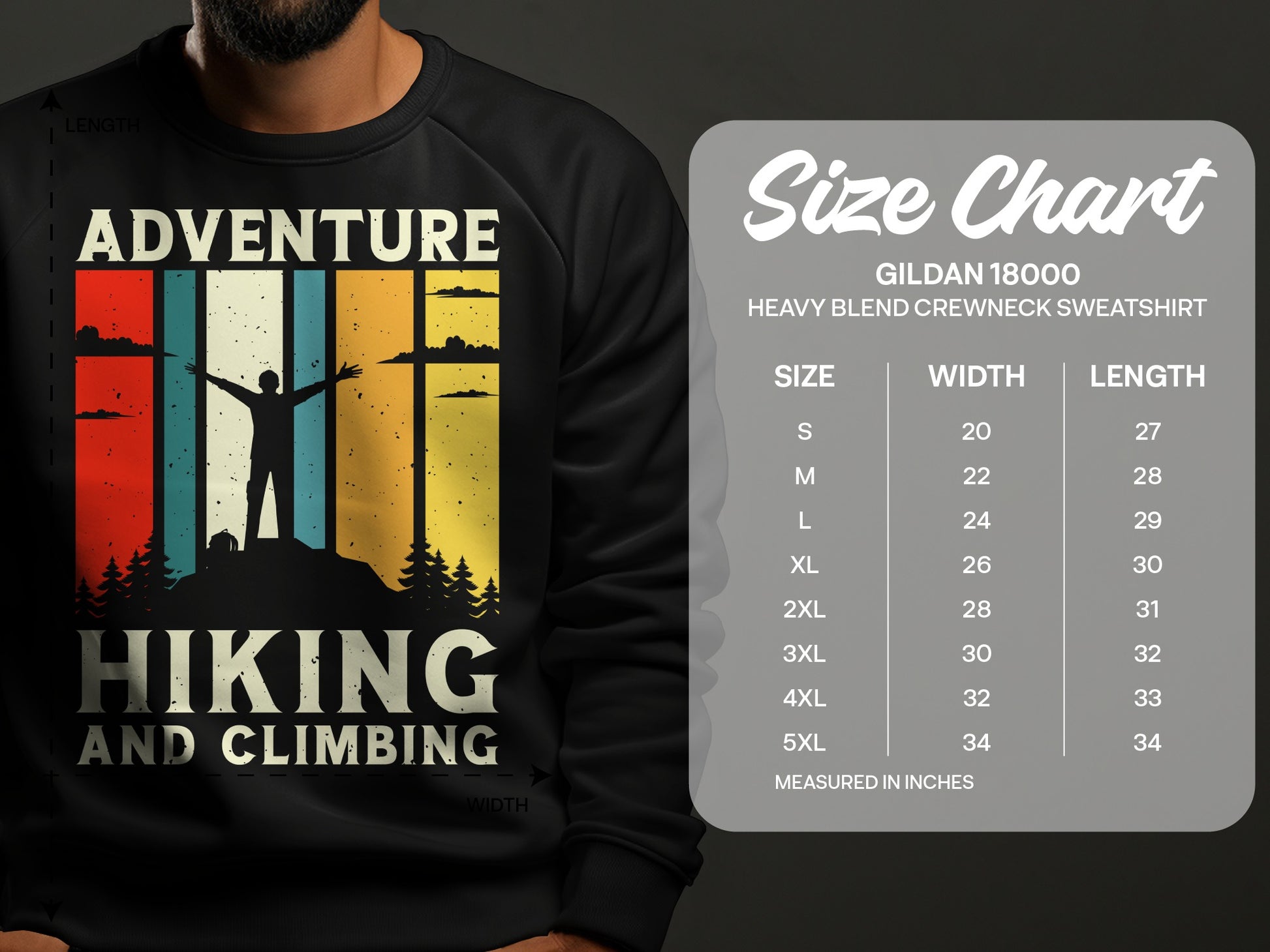 Crewneck sweatshirt with "Adventure Hiking and Climbing" graphic and size chart.