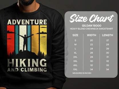 Crewneck sweatshirt with "Adventure Hiking and Climbing" graphic and size chart.