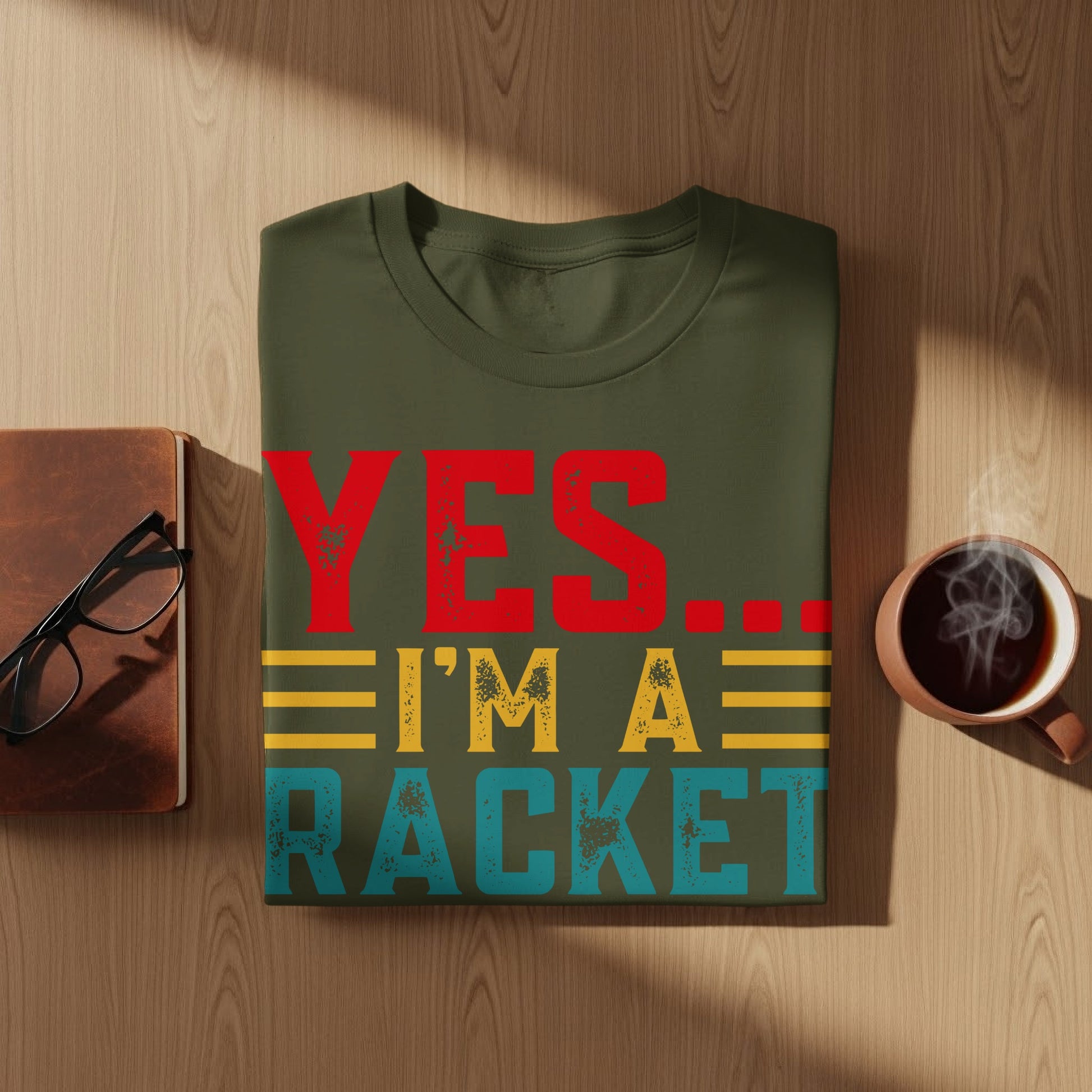 T-shirt with "YES... I'M A RACKET" text.