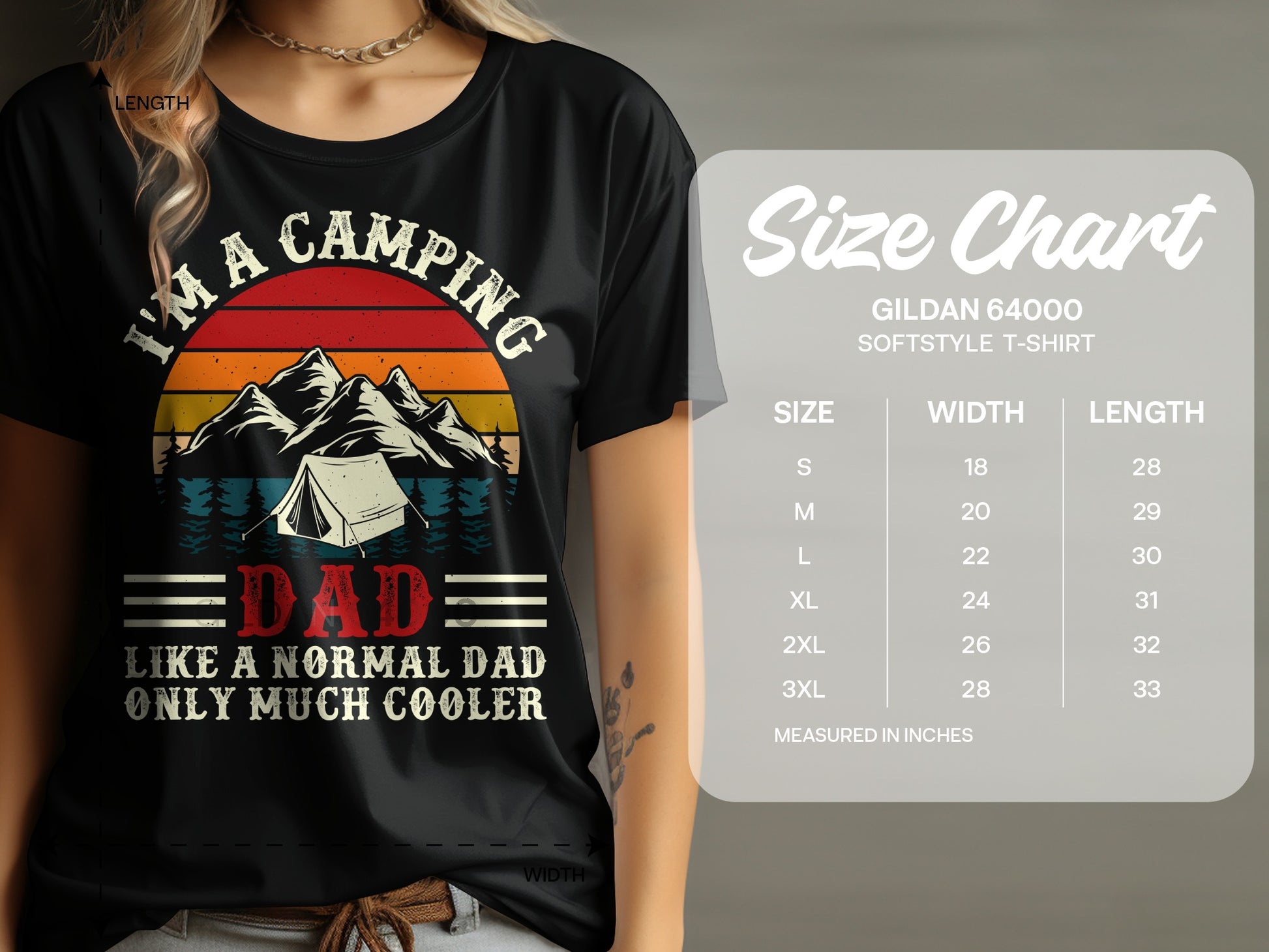 T-shirt with "I'm A Camping Dad Like A Normal Dad Only Much Cooler" text and size chart.