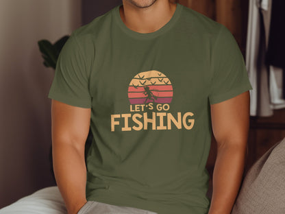 Green t-shirt with "LET'S GO FISHING" text and a sunset fishing graphic.