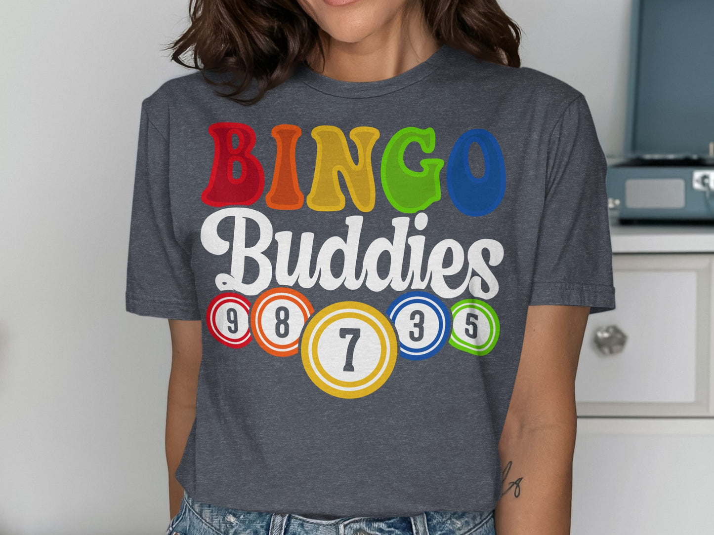 Charcoal t-shirt with "Bingo Buddies" in colorful letters and bingo balls.