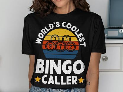 Black t-shirt with "World's Coolest Bingo Caller" and bingo balls.