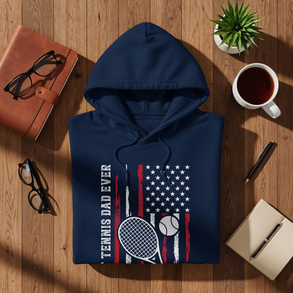 Navy hoodie with distressed American flag, tennis racket, and ball design.