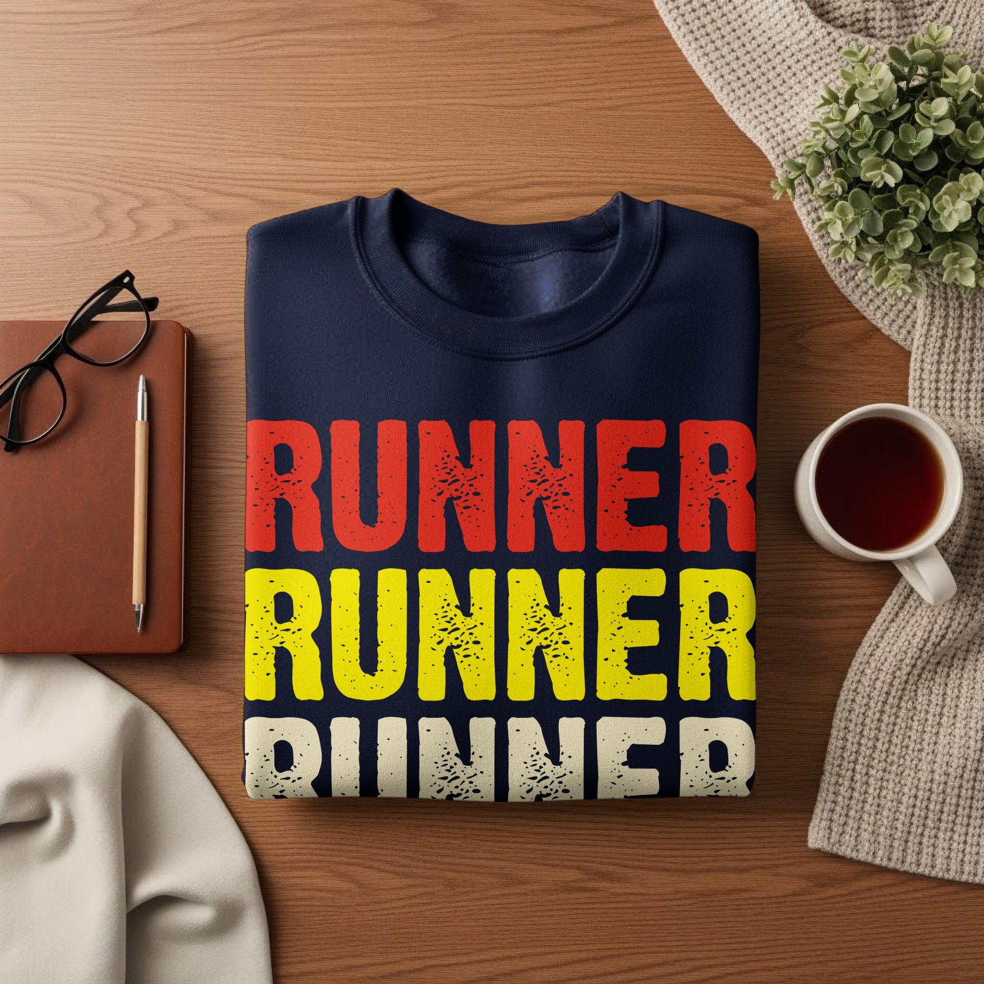 Navy sweatshirt with "RUNNER RUNNER RUNNER" printed in red, yellow, and white.