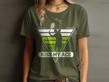 Green t-shirt with tennis player graphic and "Kiss My Ace" text.