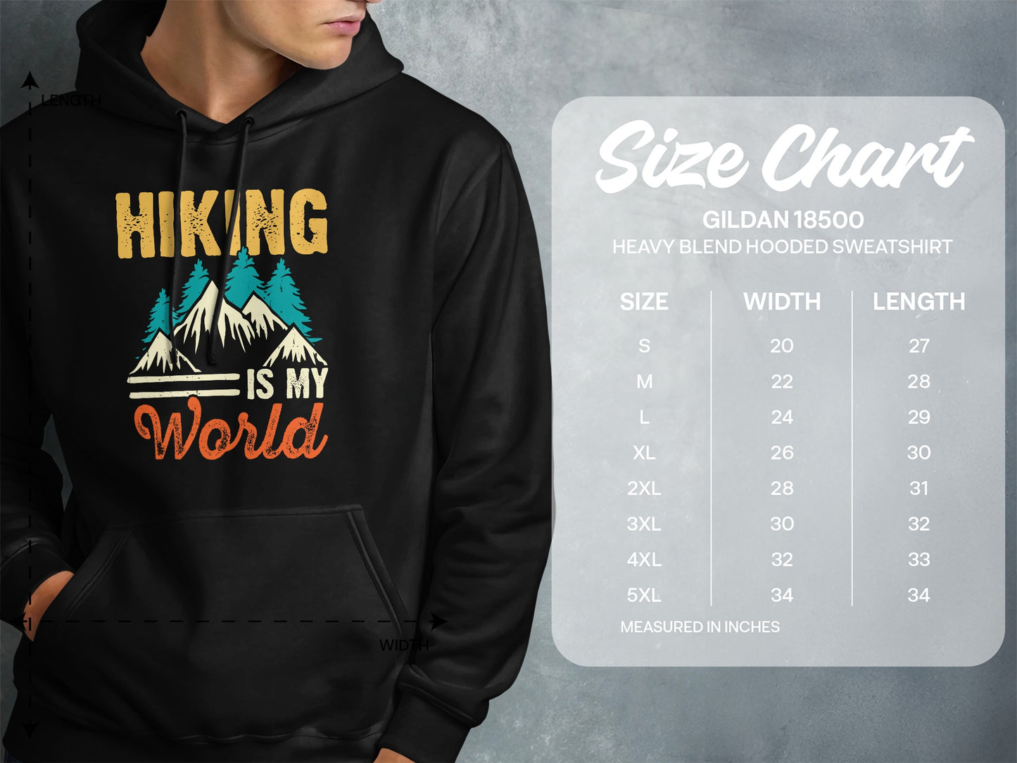 Hooded sweatshirt size chart for Gildan 18500, listing width and length in inches.