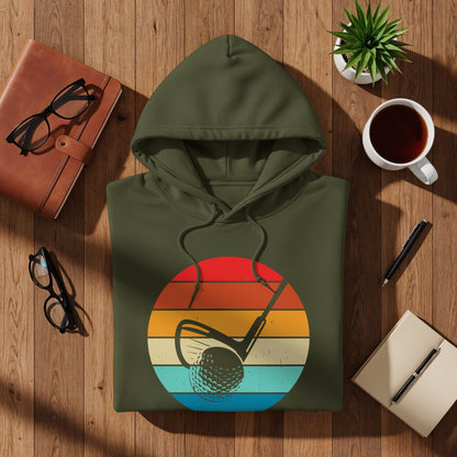 Green hoodie with a retro golf sunset design.