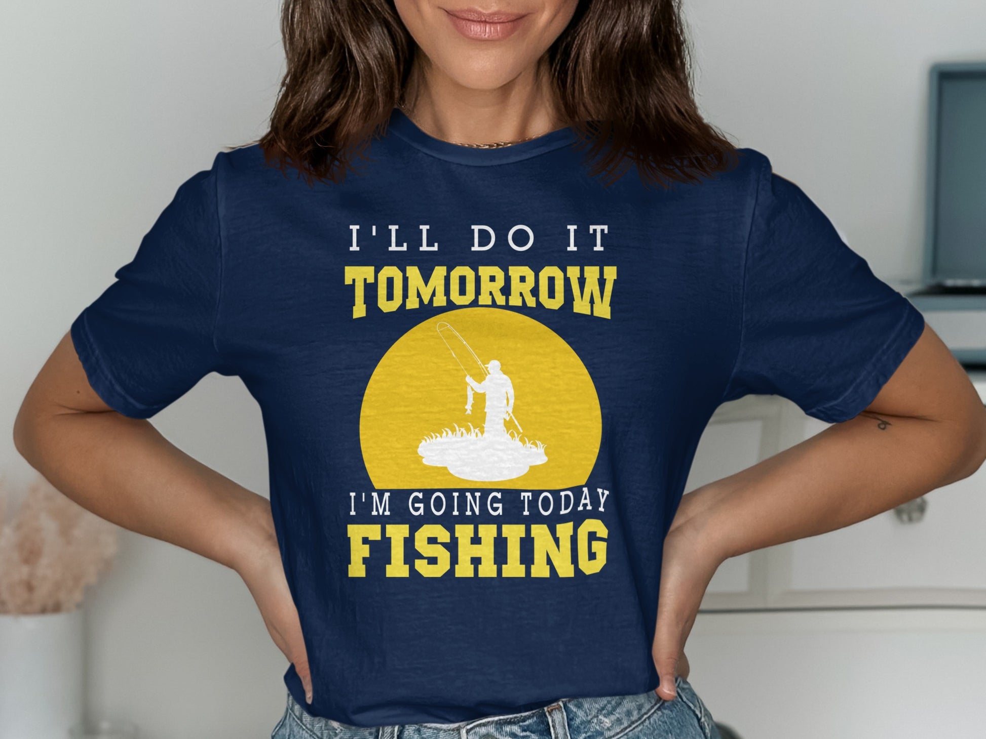 Navy t-shirt with "I'll do it tomorrow, I'm going today Fishing" text and a fisherman.
