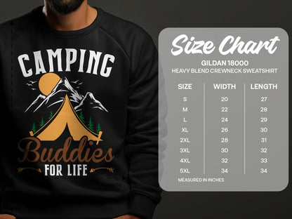 Black crewneck sweatshirt with "Camping Buddies For Life" graphic and size chart.