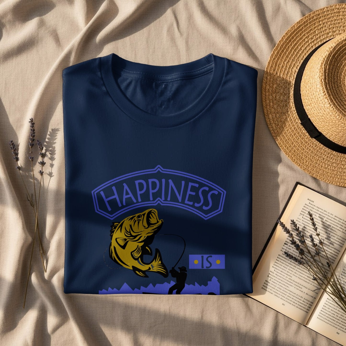Navy t-shirt with "Happiness is" and a jumping fish graphic.