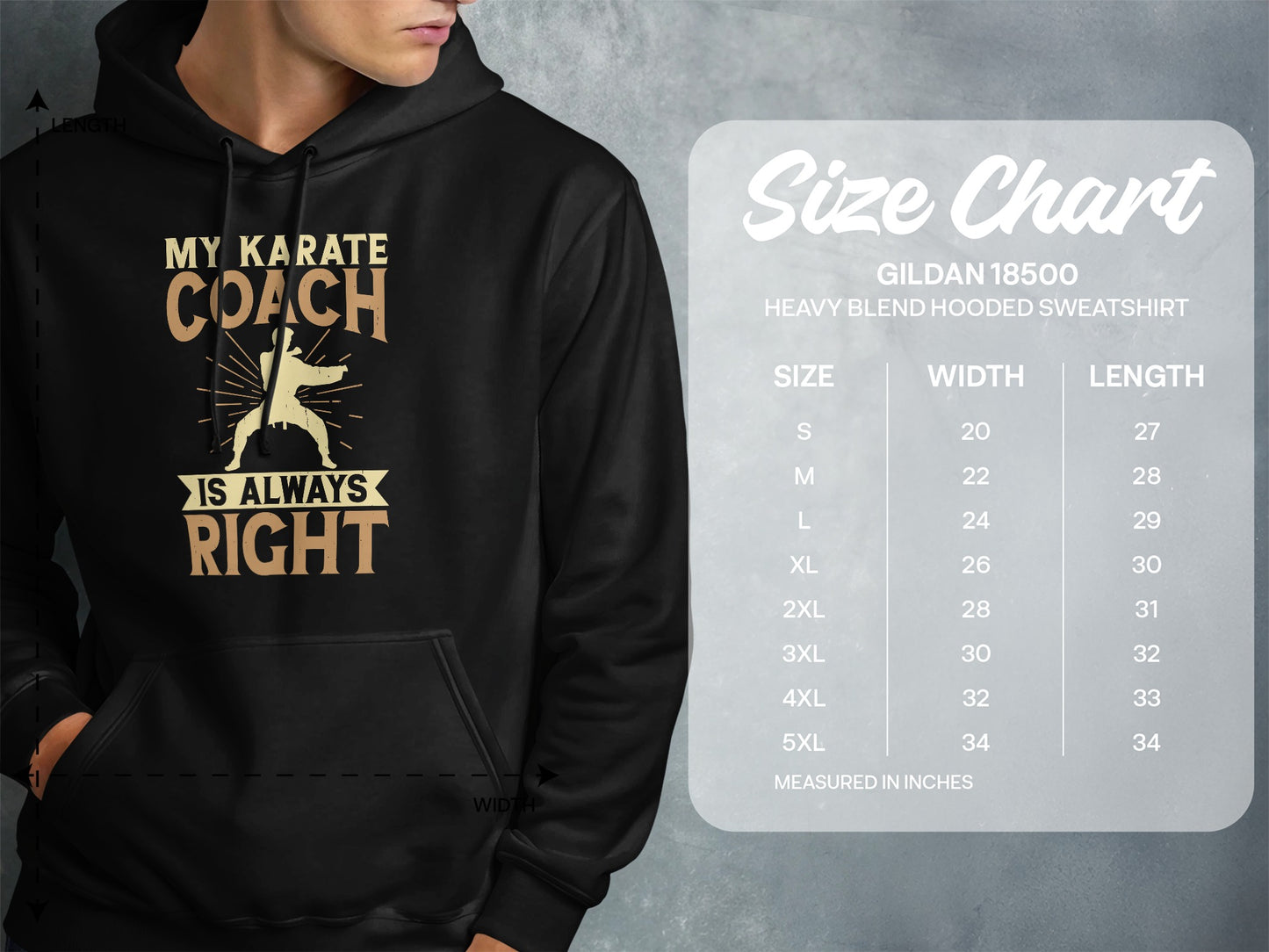 Hooded sweatshirt with "My Karate Coach is Always Right" graphic and size chart.