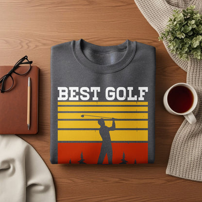 Dark gray sweatshirt with "BEST GOLF" text and golfer silhouette against striped background.