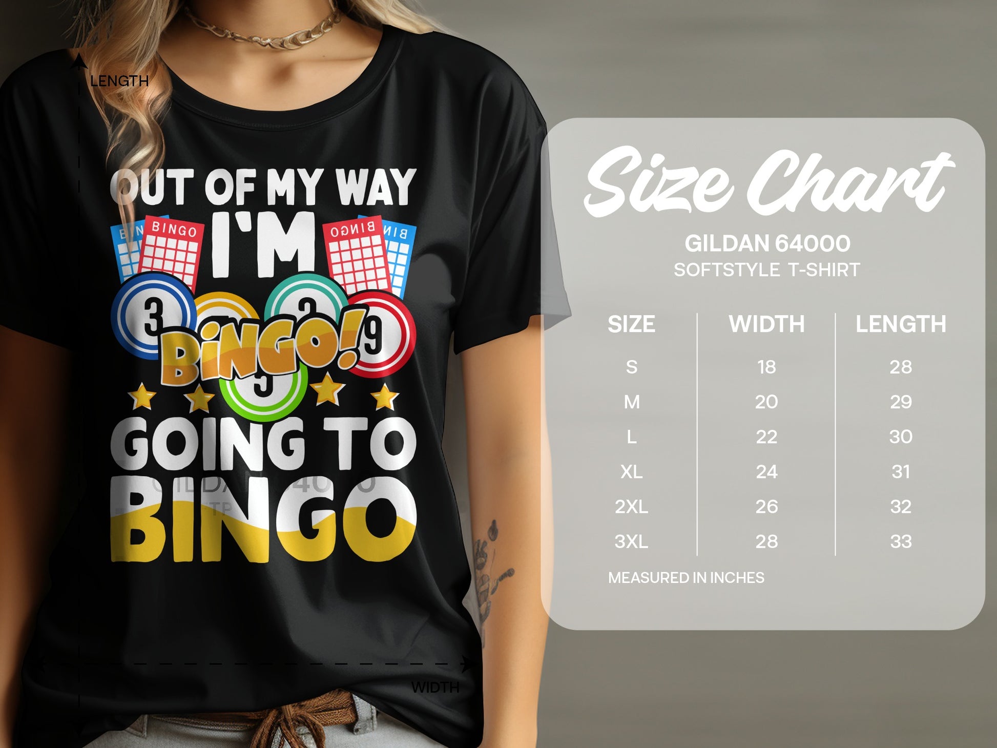Woman wearing a t-shirt with "BINGO" graphic and a size chart.