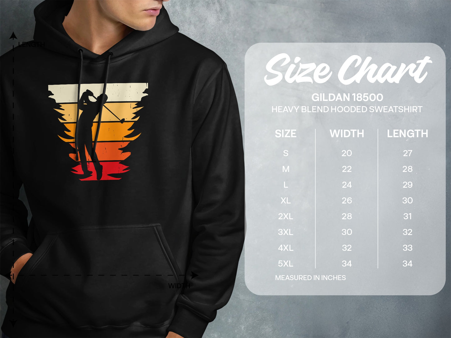 Gildan 18500 hooded sweatshirt size chart with measurements.