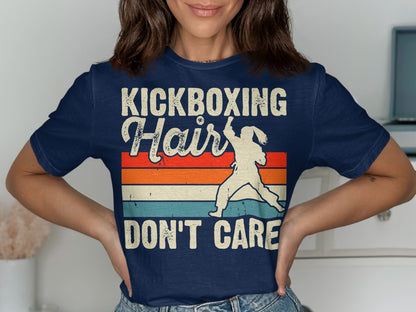 Navy t-shirt with "Kickboxing Hair Don't Care" and silhouette of a kickboxer.