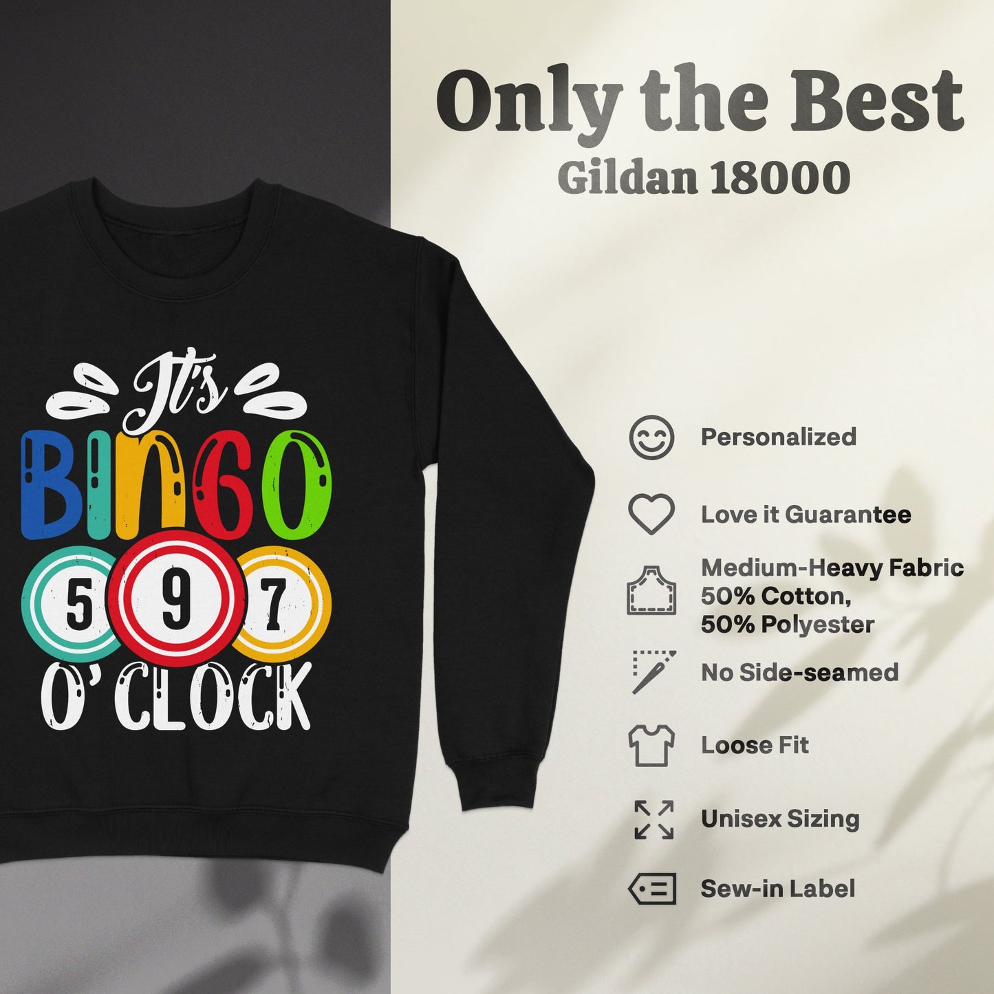 Black Gildan 18000 sweatshirt with "It's Bingo O'Clock" graphic.