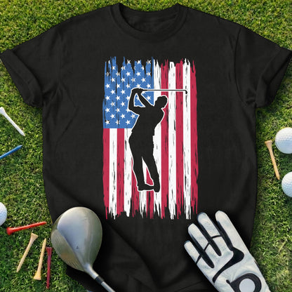 Black t-shirt with a golfer silhouette against a distressed American flag.
