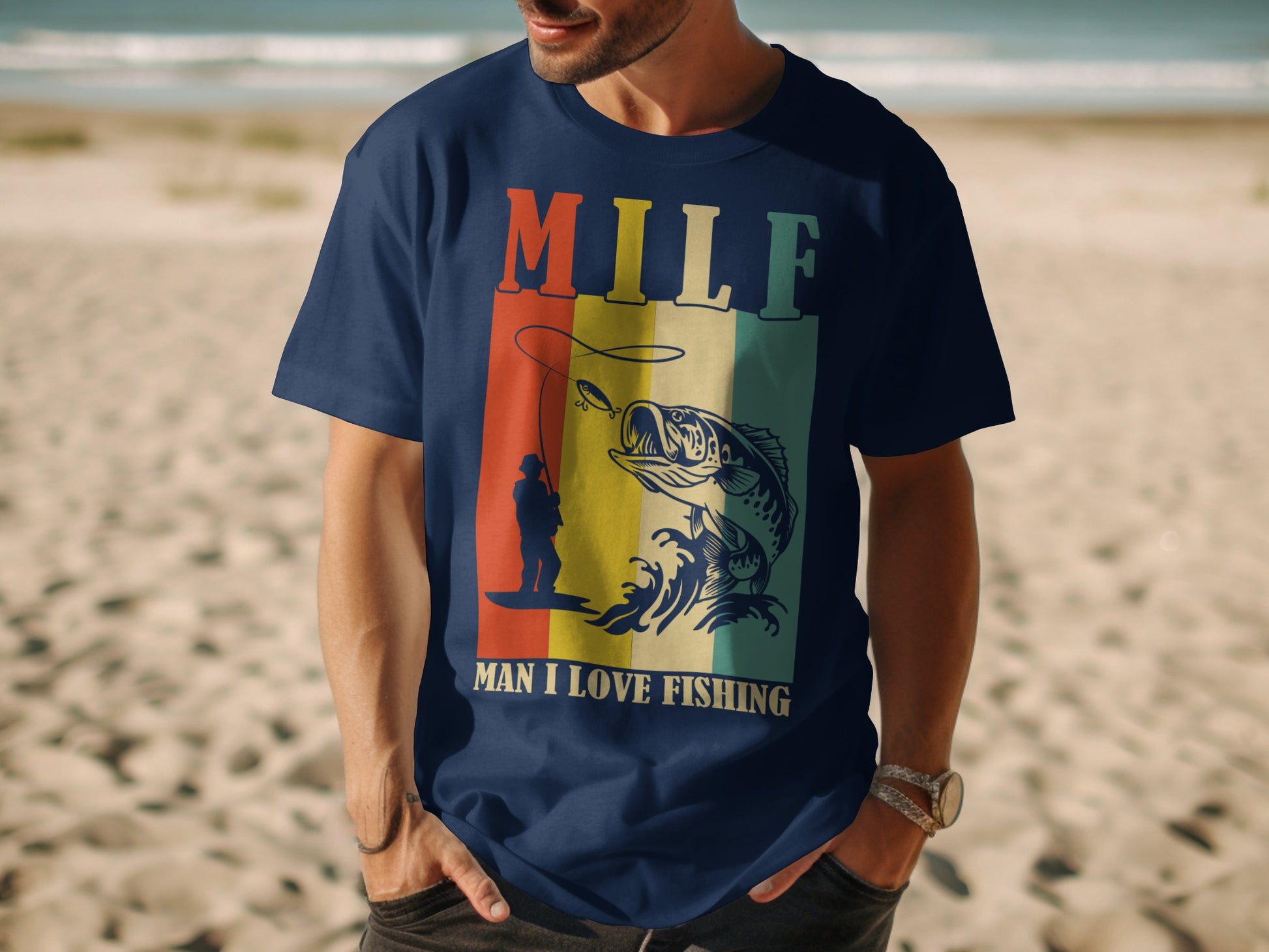 Navy blue t-shirt with "MILF MAN I LOVE FISHING" text and a fishing graphic.