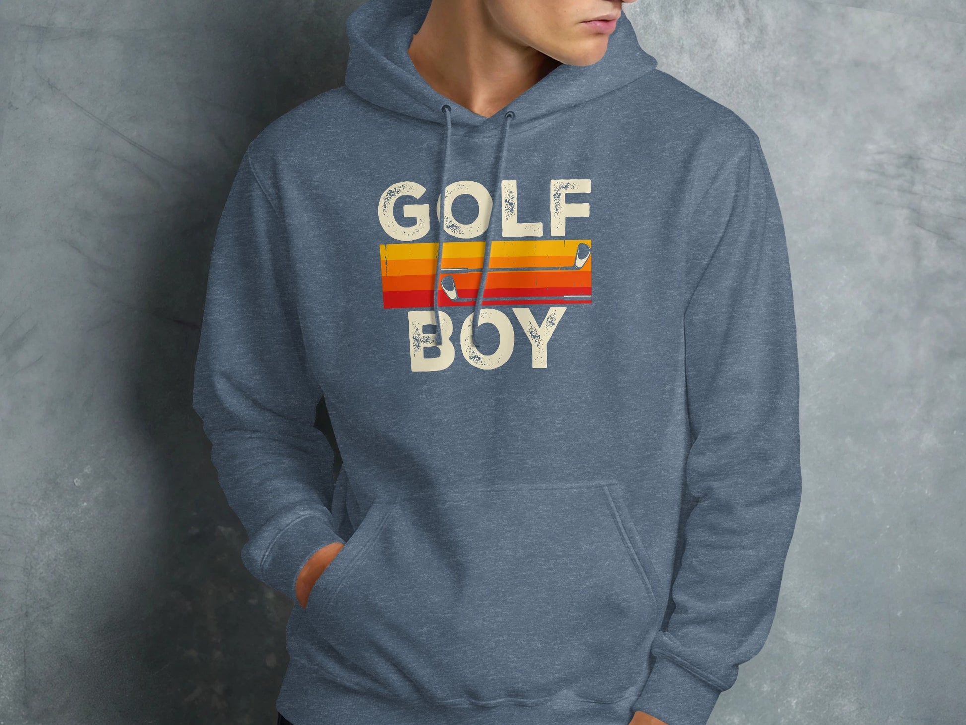 Grey hoodie with colorful "GOLF BOY" text across the chest.