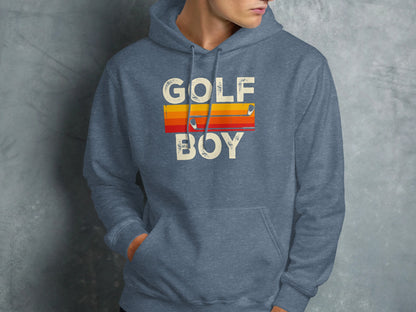 Grey hoodie with colorful "GOLF BOY" text across the chest.