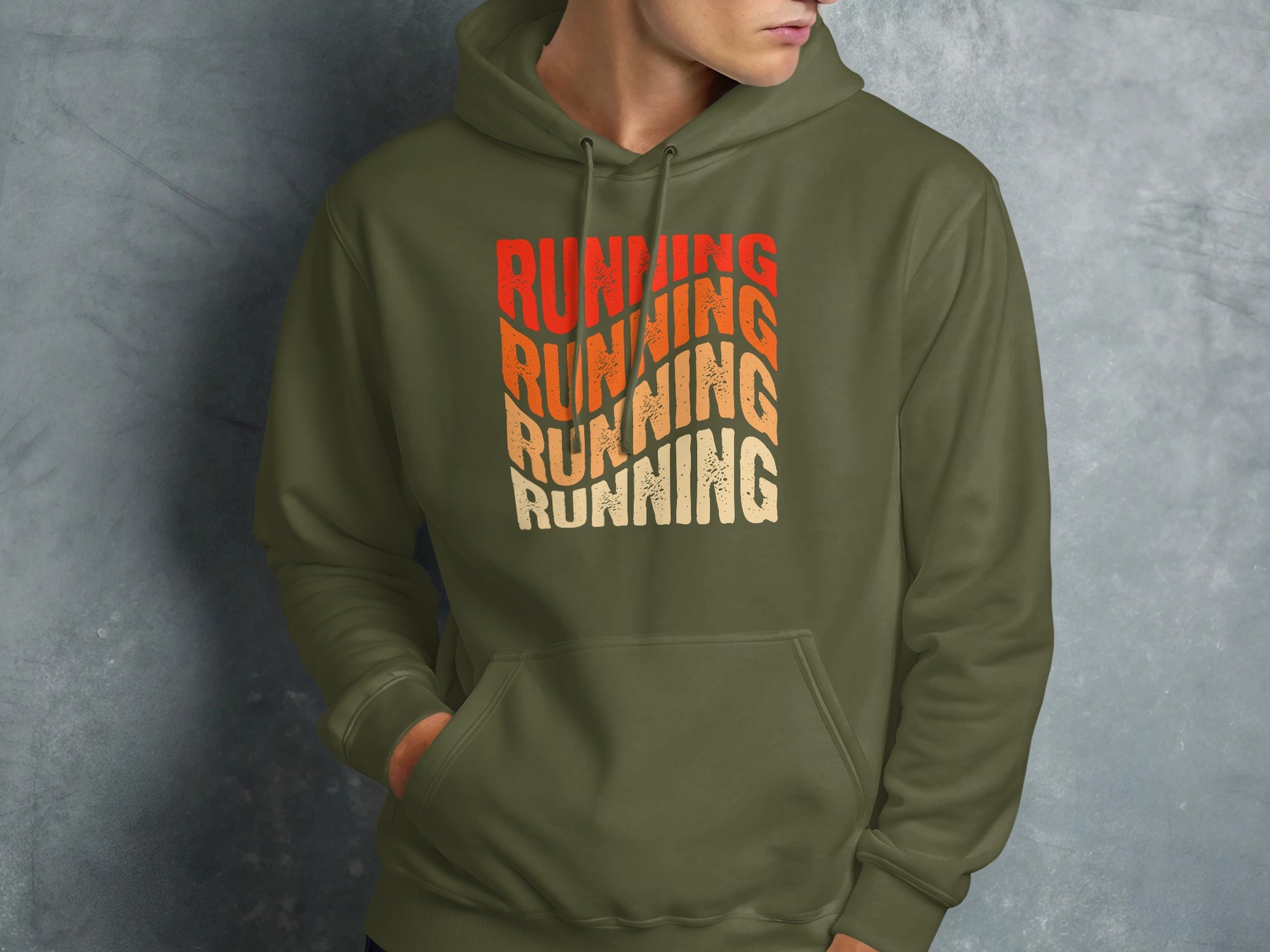 Green hoodie with "RUNNING" text in wavy, layered colors.