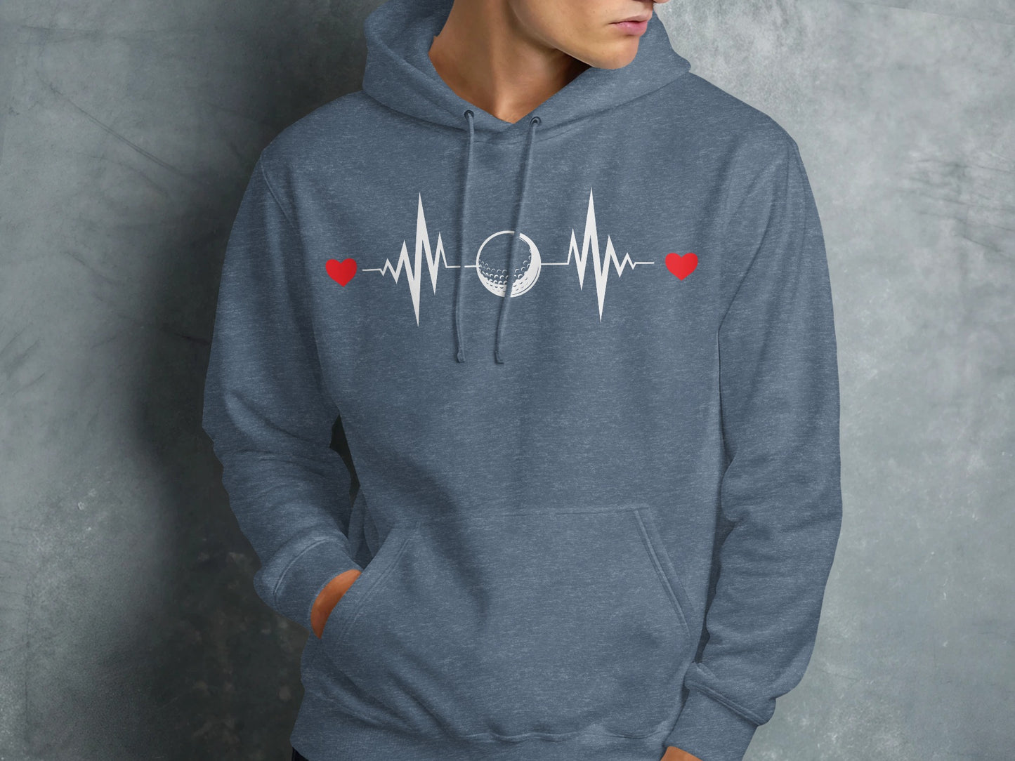 Golf heartbeat design on a heather grey hooded sweatshirt.