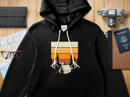 Black Gildan Ultra Cotton hoodie with a vintage camping graphic.