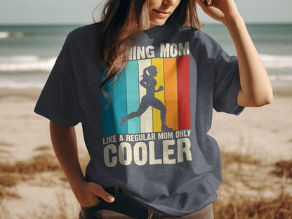Running mom graphic t-shirt with multicolor stripes and text.