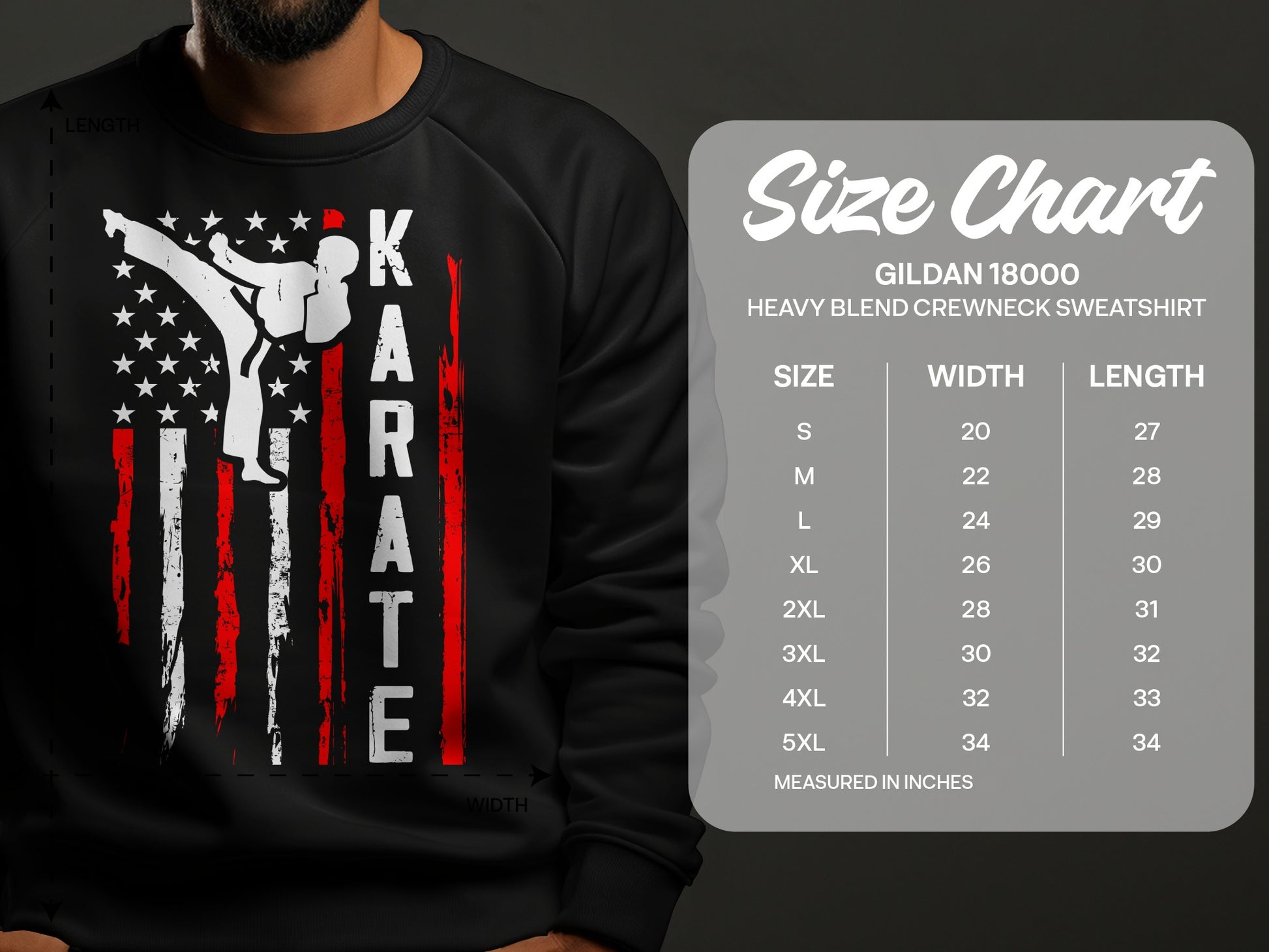 Gildan 18000 sweatshirt size chart with measurements in inches.