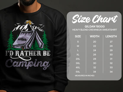 Camping graphic sweatshirt size chart with measurements for Gildan 18000.