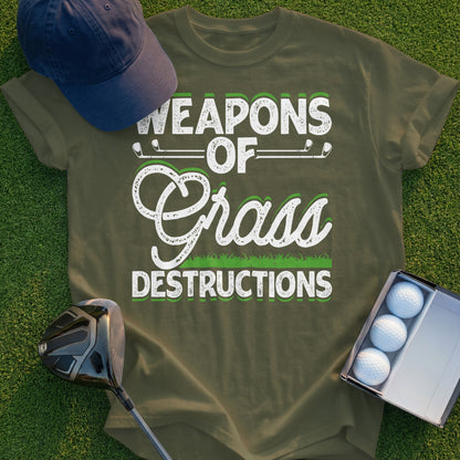 Green t-shirt with "Weapons of Grass Destructions" in white golf-themed text.