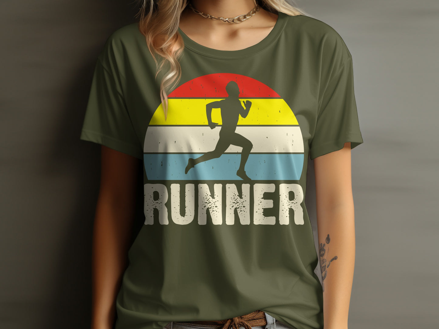 Olive green t-shirt with vintage runner silhouette and "RUNNER" text.
