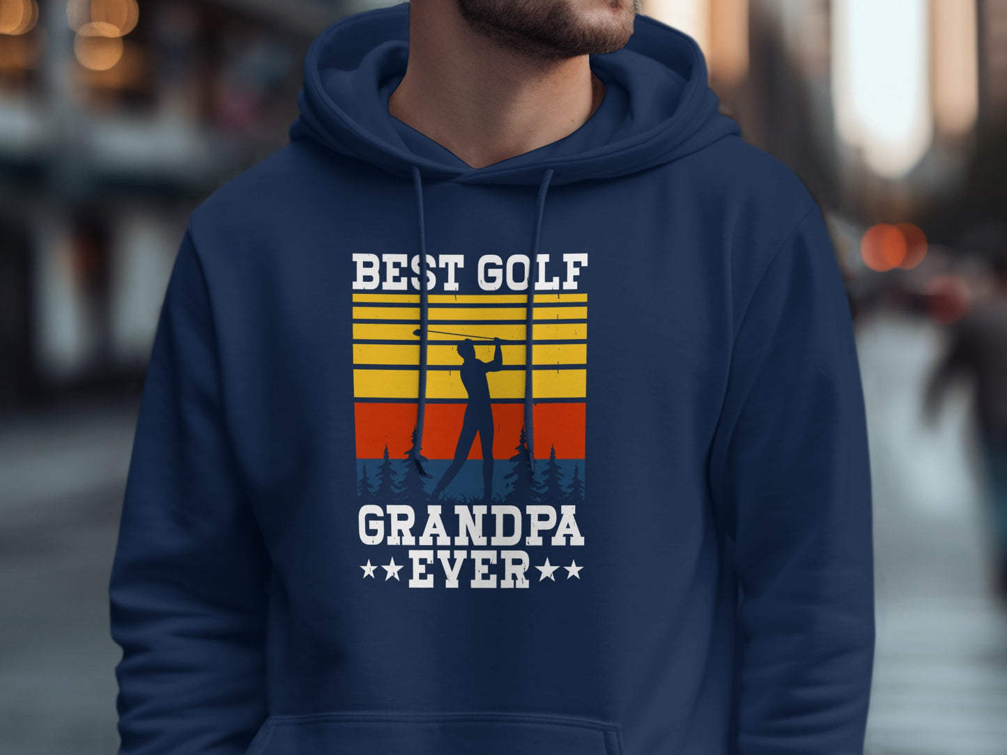 Navy hoodie with "BEST GOLF GRANDPA EVER" graphic.