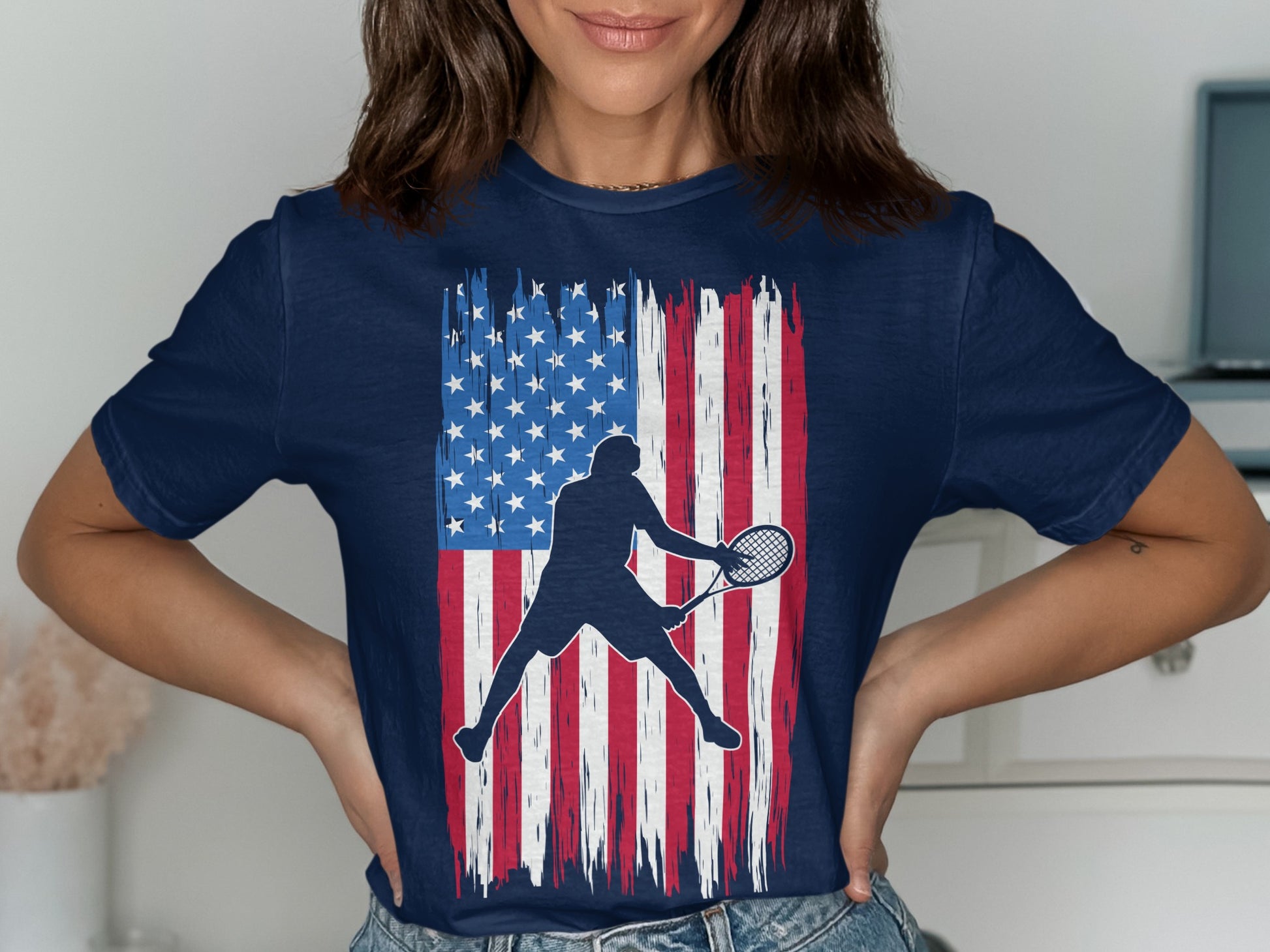 Navy t-shirt with distressed American flag and tennis player silhouette.
