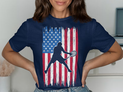 Navy t-shirt with distressed American flag and tennis player silhouette.