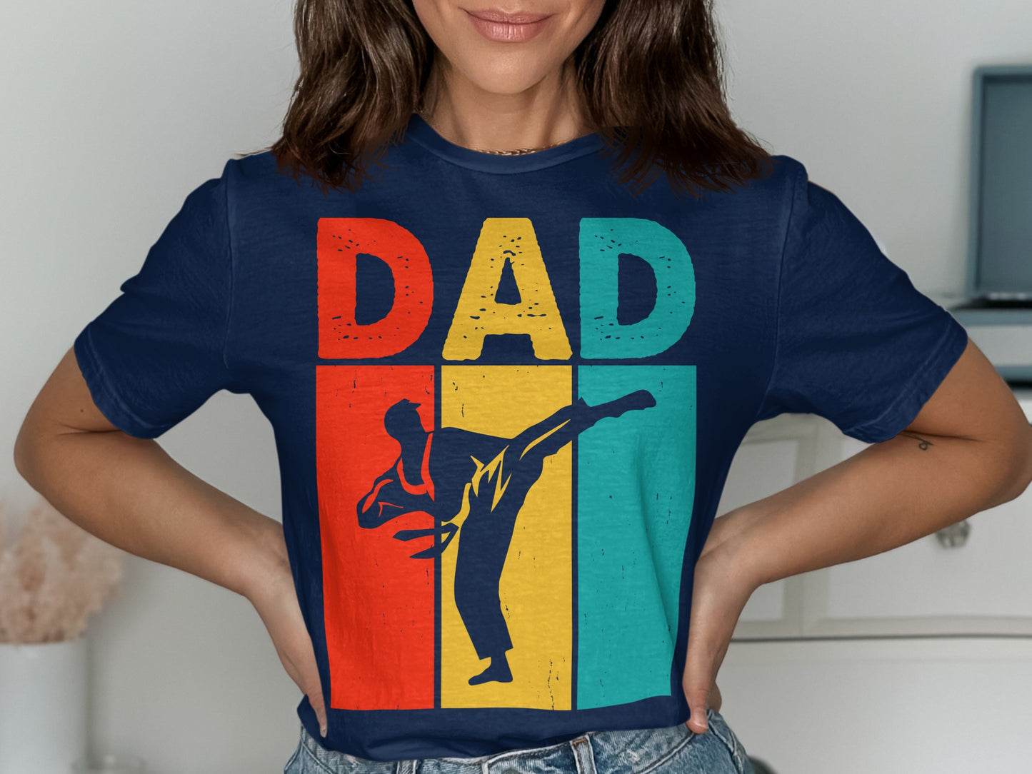 Navy t-shirt with "DAD" and a karate silhouette in retro colors.