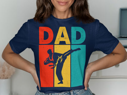 Navy t-shirt with "DAD" and a karate silhouette in retro colors.