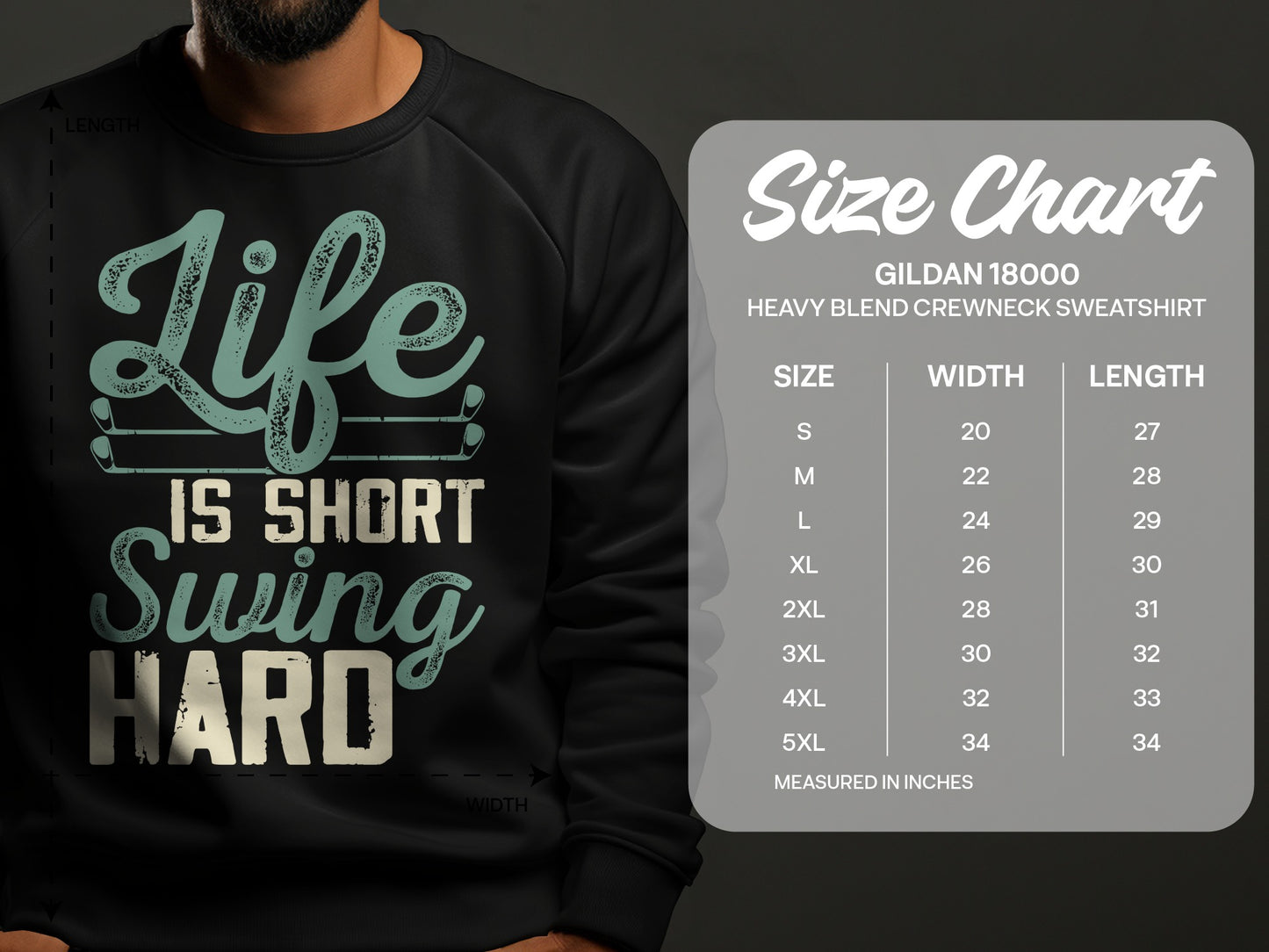 Gildan 18000 sweatshirt size chart with measurements in inches.