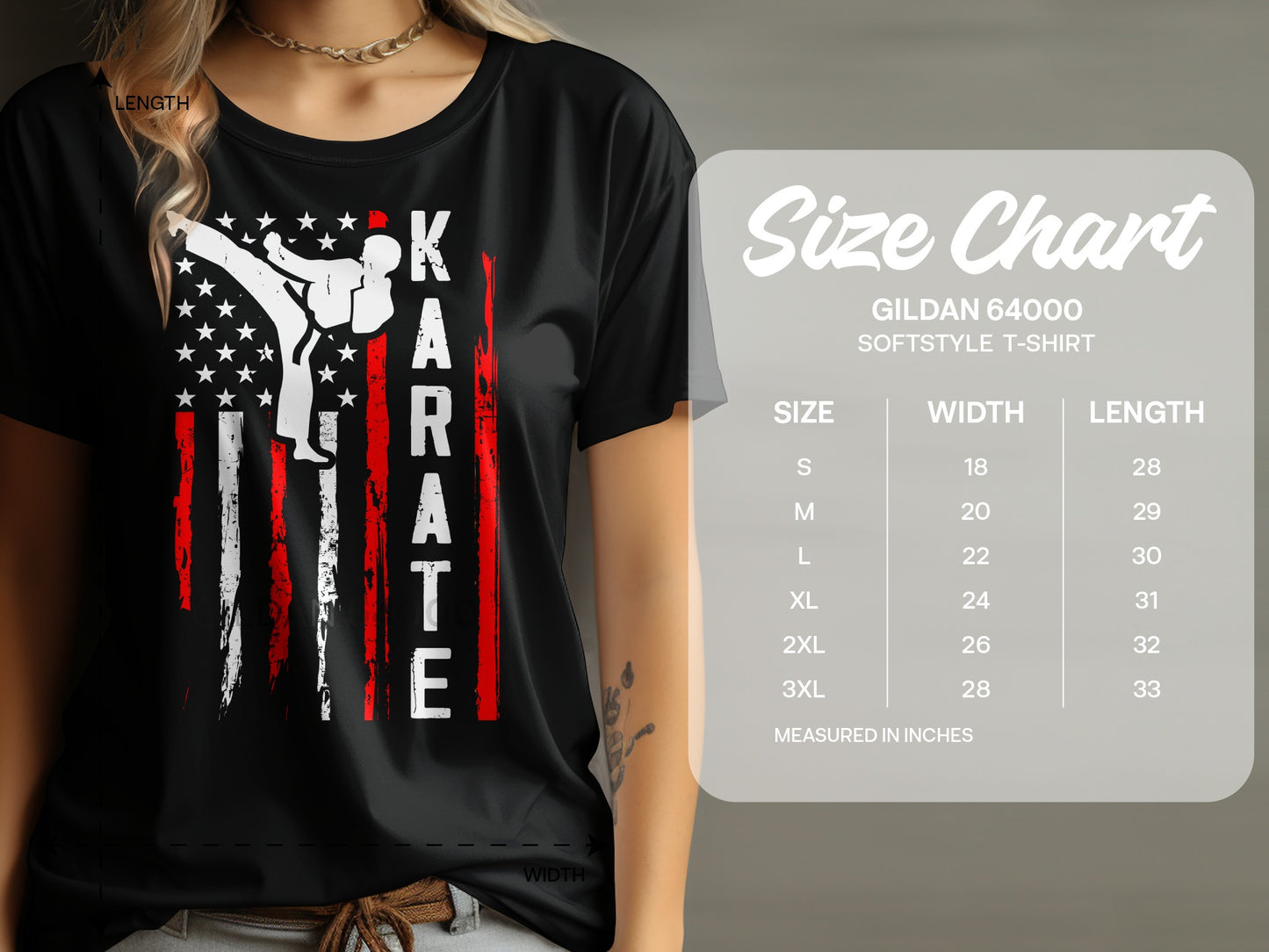 Black t-shirt with "KARATE" in distressed USA flag design. Size chart included.