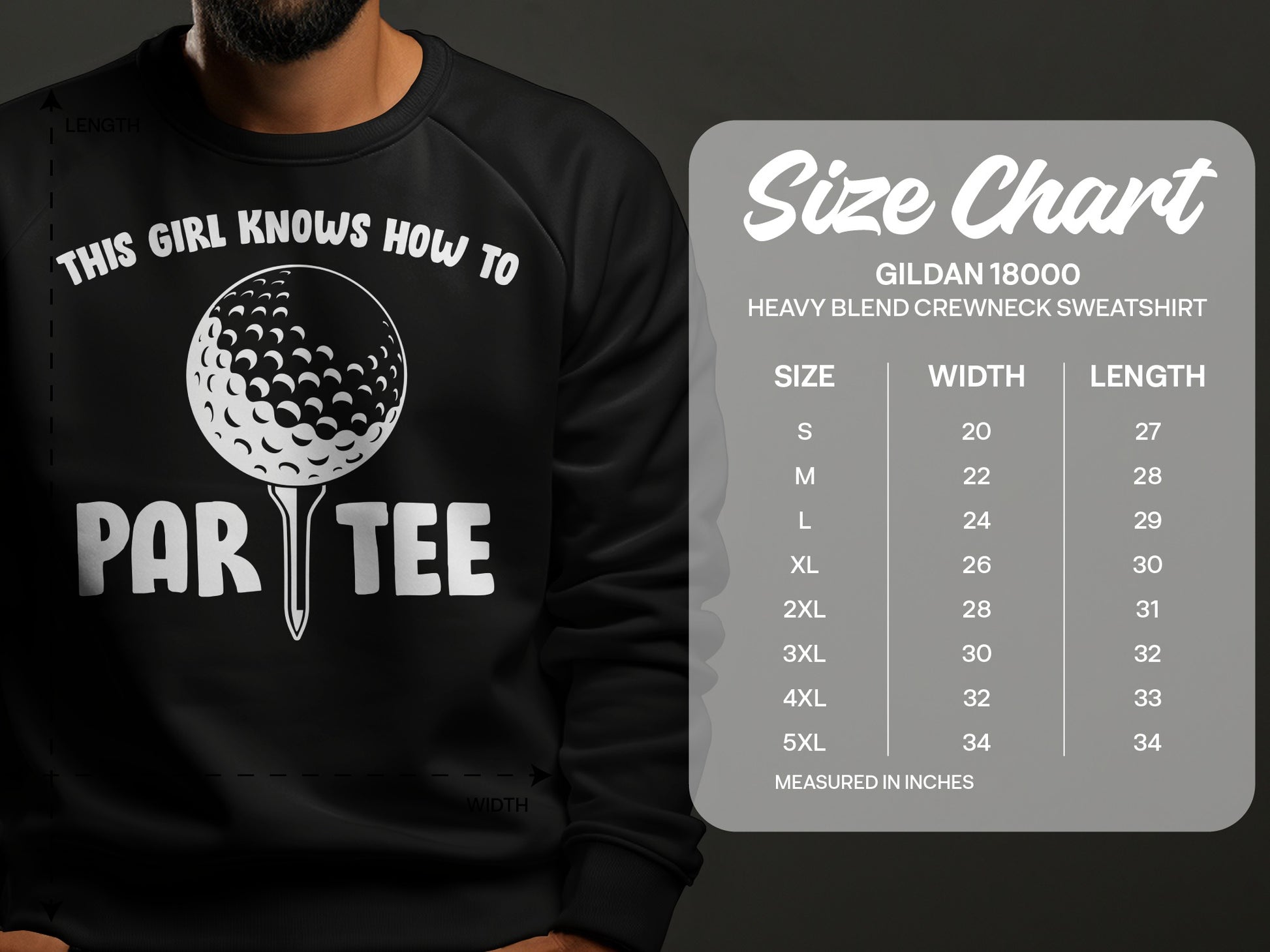 Crewneck sweatshirt with "This Girl Knows How to Par Tee" and size chart.
