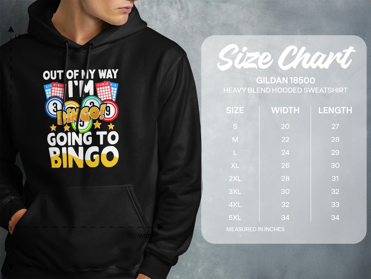 Black hoodie with "Going to Bingo" graphic and size chart.