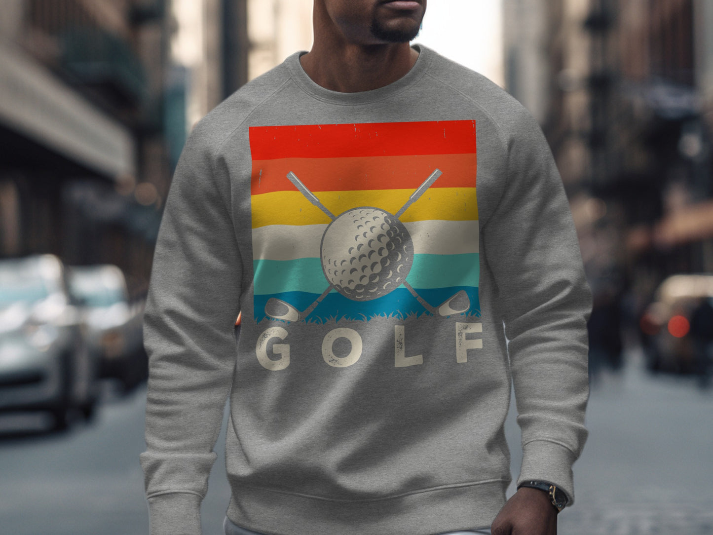 Gray sweatshirt with "GOLF" text and a striped sunset over golf clubs and ball.