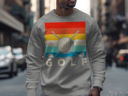 Gray sweatshirt with "GOLF" text and a striped sunset over golf clubs and ball.