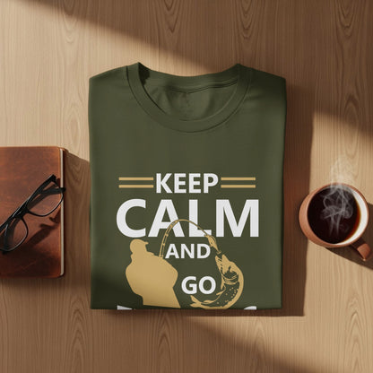 Green t-shirt with "Keep Calm and Go Fishing" text and graphic.