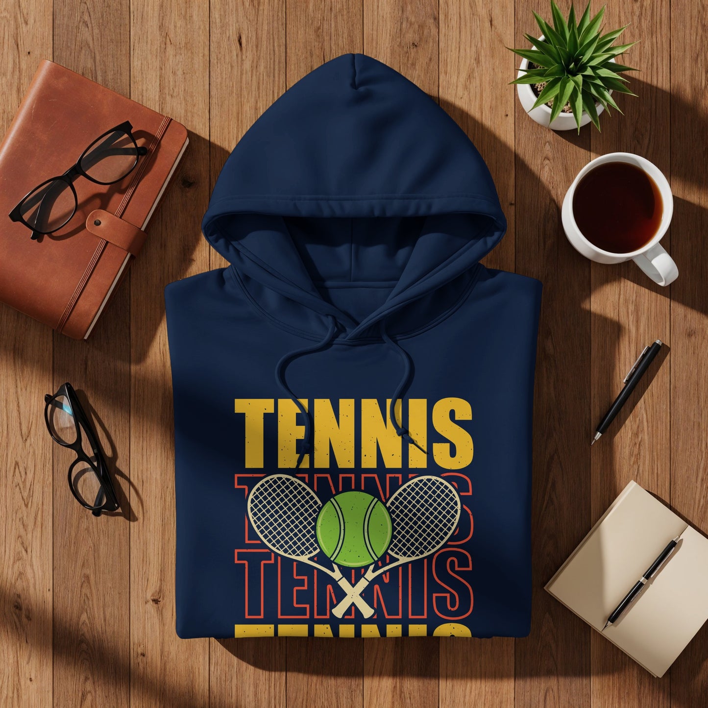 Navy hoodie with "TENNIS TENNIS" text, tennis rackets, and ball.