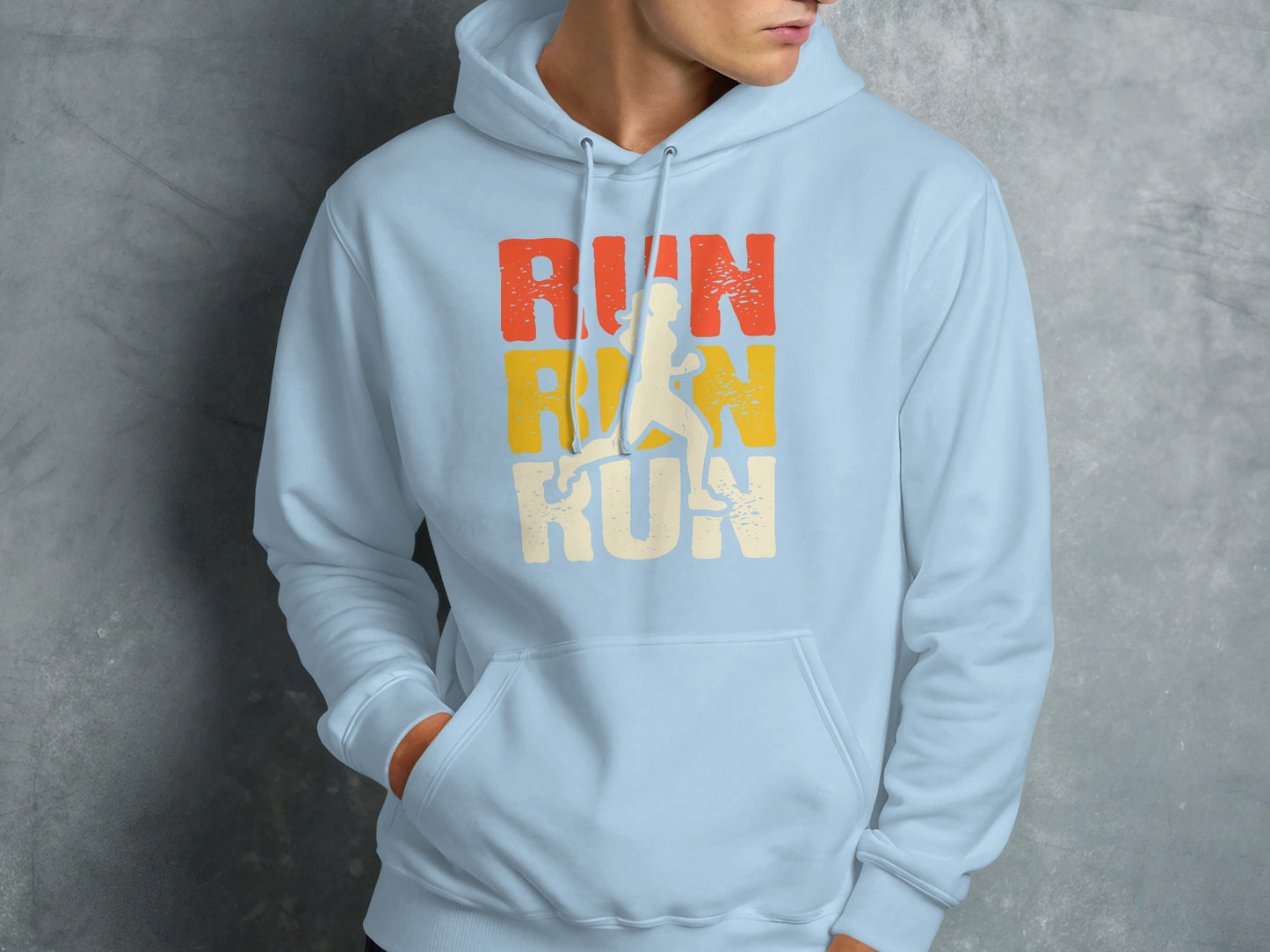 Light blue hoodie with "RUN" repeated in orange, yellow, and cream, featuring a runner silhouette.