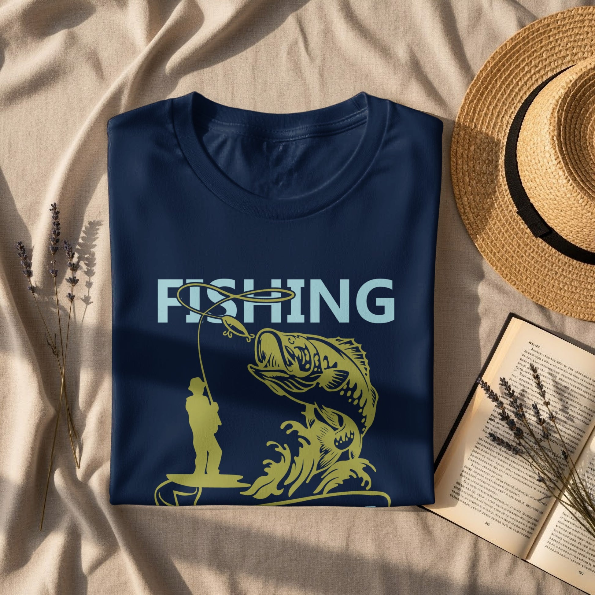 Navy t-shirt with "FISHING" text and a fisherman reeling in a fish.